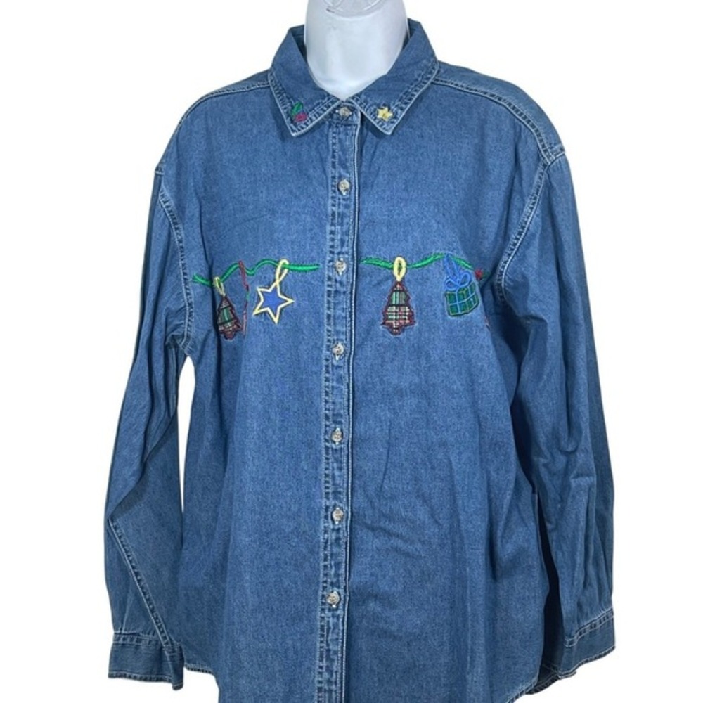 Basic Editions Holiday Womens Large Blue Denim Embroidered Christmas Shirt New
